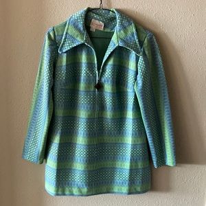 VTG 70s Groovy Polyester 3/4 Zip Front Dress Jacket Blue Green Psychedelic Print